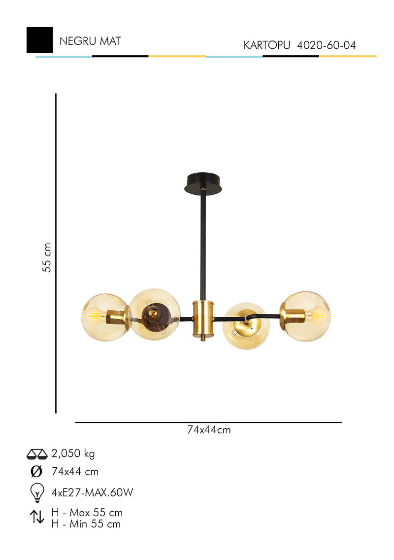 Lustra Moderna KarTopu Asi Home , 4xE27-60 W, Negru Mat