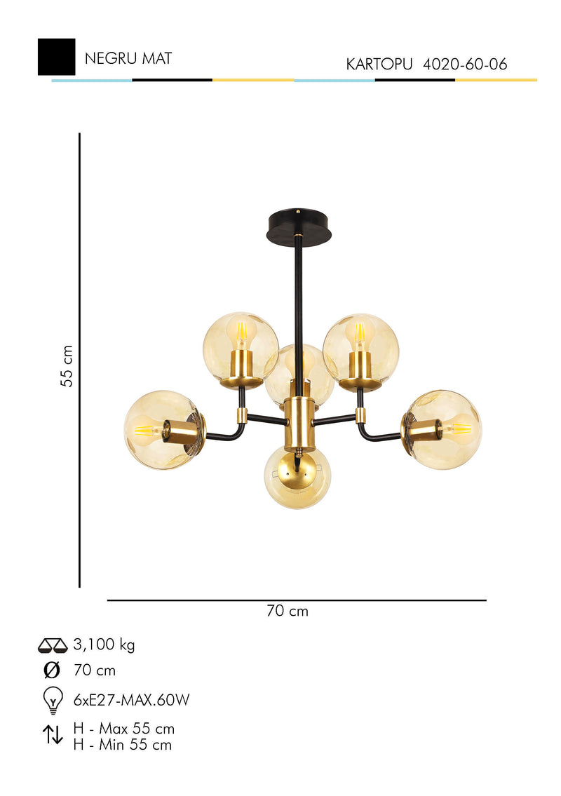 Lustra Moderna KarTopu Asi Home , 6xE27-60 W, Negru Mat