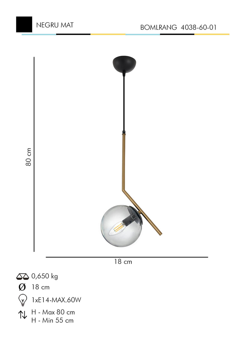Lustra Moderna Bomlrang Asi Home , 1xE14-60 W, Negru Mat