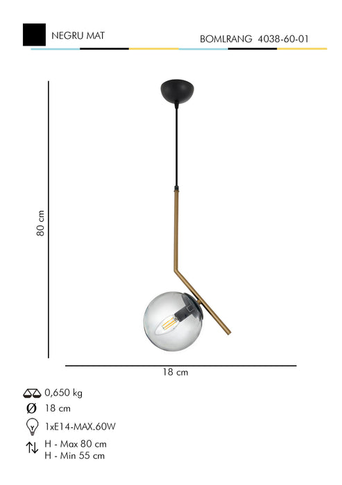 Lustra Moderna Bomlrang Asi Home , 1xE14-60 W, Negru Mat