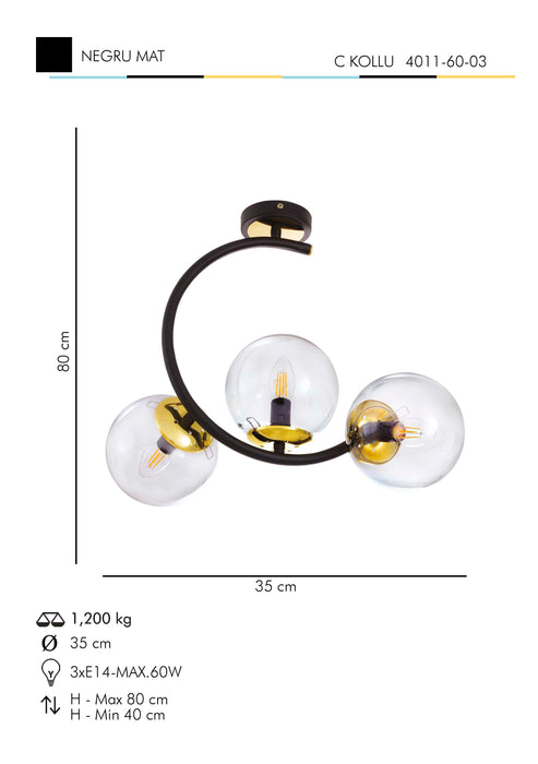 Lustra Moderna C Kollu Asi Home , 3xE14-60 W, Negru Mat