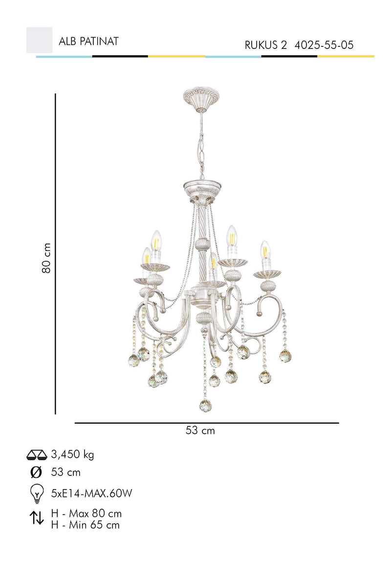 Lustra Moderna Rukus(2) Asi Home , 5xE14-60 W, Alb Patinat