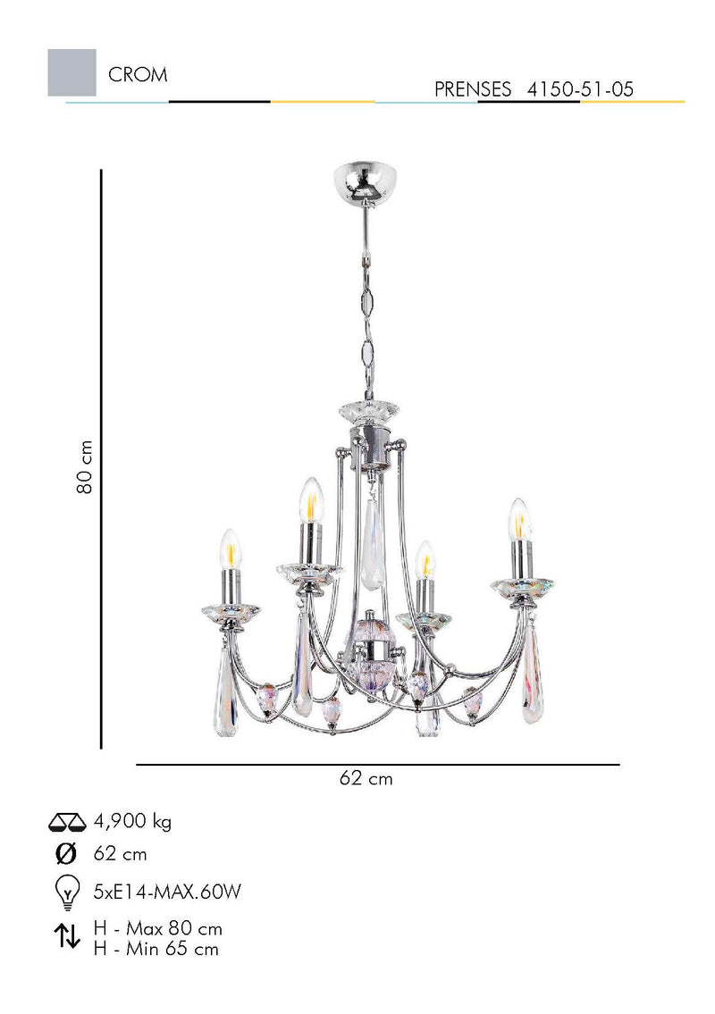 Lustra Cristal Prenses Asi Home , 5xE14-60 W, Crom