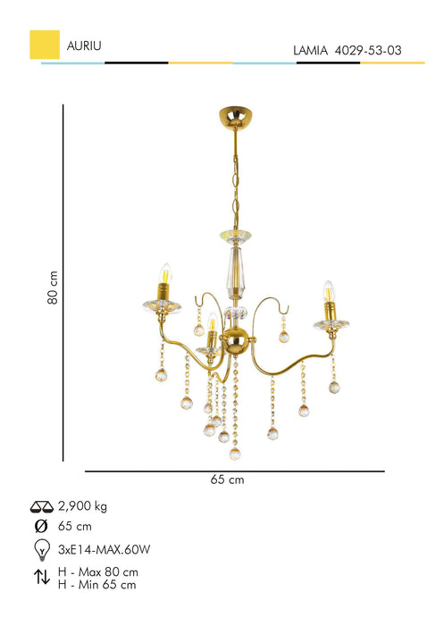 Lustra Moderna Lamia Asi Home , 3xE14-60 W, Auriu