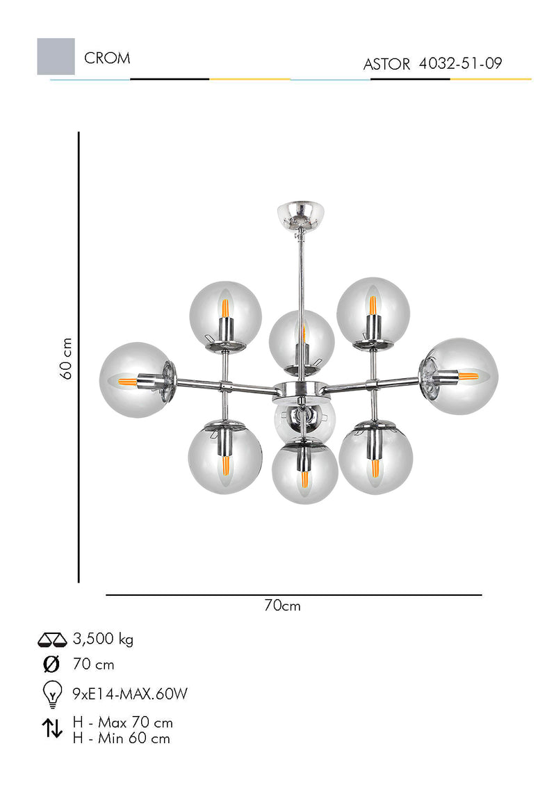 Lustra Moderna Astor Asi Home , 9xE14-60 W, Crom