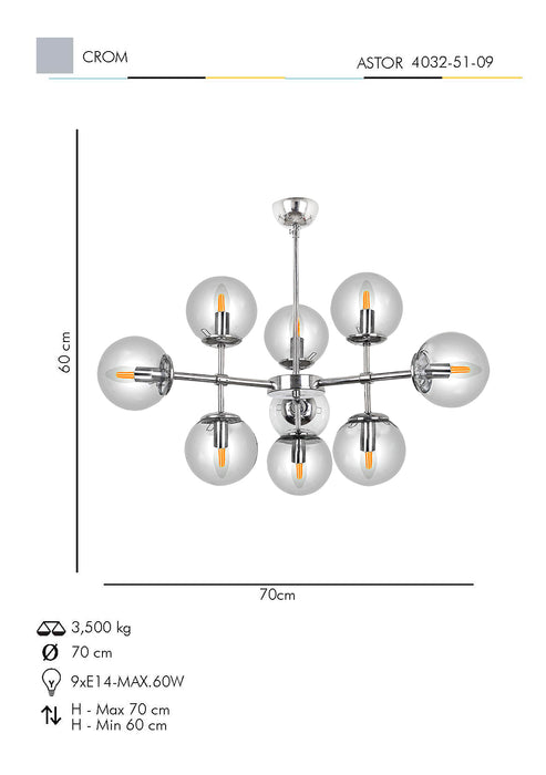 Lustra Moderna Astor Asi Home , 9xE14-60 W, Crom