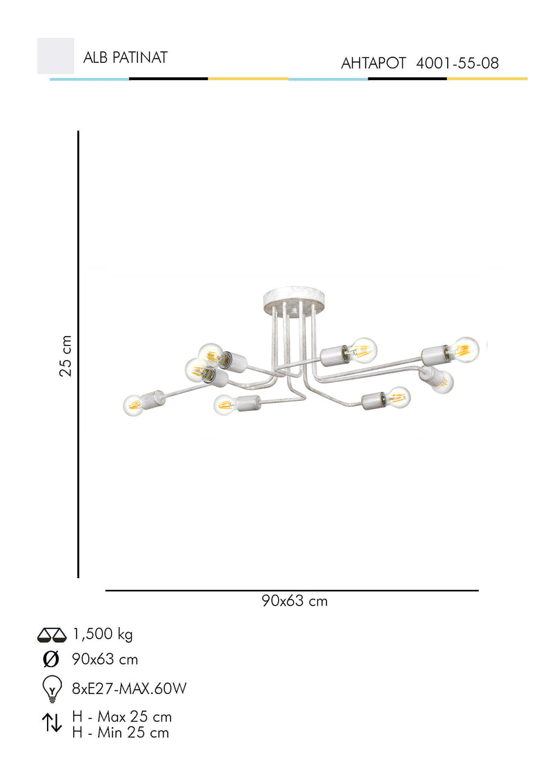 Lustra Moderna Ahtapot Asi Home , 8xE27-60 W, Alb Patinat