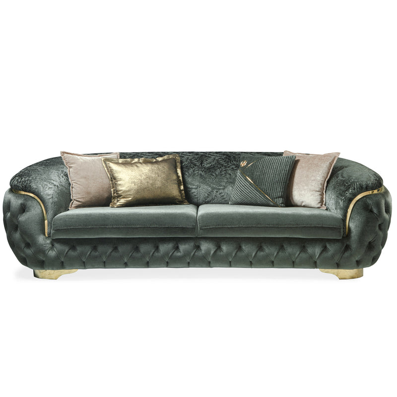 Canapea Lux Bold Asi Home, Catifea verde, detalii auri, lungime 250cm, latime 100cm, inaltime 80cm - AsiHome