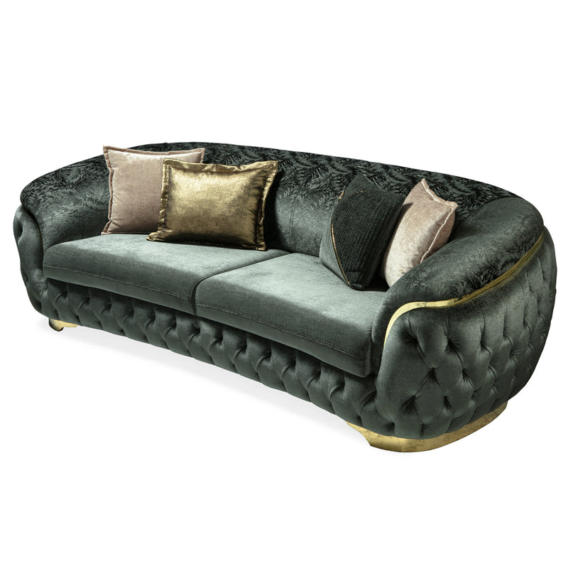 Canapea Lux Bold Asi Home, Catifea verde, detalii auri, lungime 250cm, latime 100cm, inaltime 80cm - AsiHome