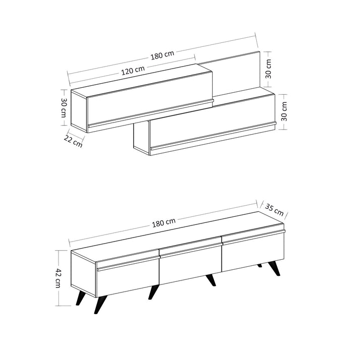 Comoda TV Asi Home Amsterdam, 180 cm,  180 cm x 42 cm,                                                                         60 cm x 35 cm,                                                                          22 cm, Safir,
Alb