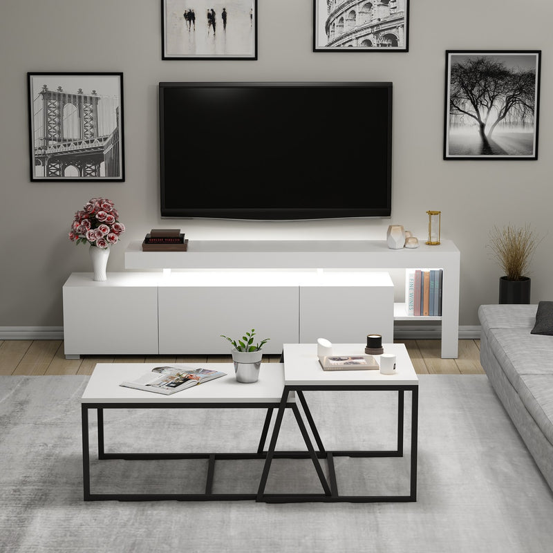 Set Mobila Living Asi Home Beliz Set, 3 Piese, Comoda TV 192cm x 53cm x 37cm, Masute Cafea 88cm x  38cm x 50cm/ 57cm x 45cm x 55cm, Alb