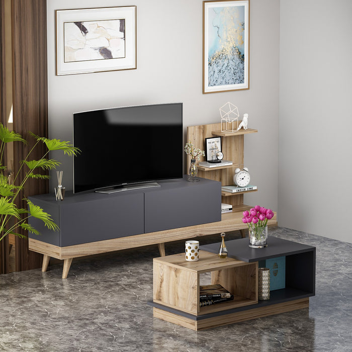 Set Mobila Living Asi Home Dizayn, 2 Piese, Comoda TV 180cm x 82cm x 48,6cm, Masuta Cafea 90cm x 36cm x 45cm, Antracit/Nuc