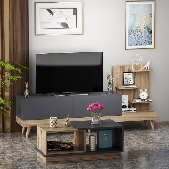 Set Mobila Living Asi Home Dizayn, 2 Piese, Comoda TV 180cm x 82cm x 48,6cm, Masuta Cafea 90cm x 36cm x 45cm, Antracit/Nuc