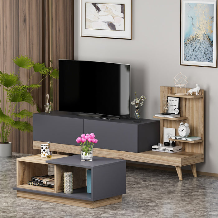 Set Mobila Living Asi Home Dizayn, 2 Piese, Comoda TV 180cm x 82cm x 48,6cm, Masuta Cafea 90cm x 36cm x 45cm, Antracit/Nuc