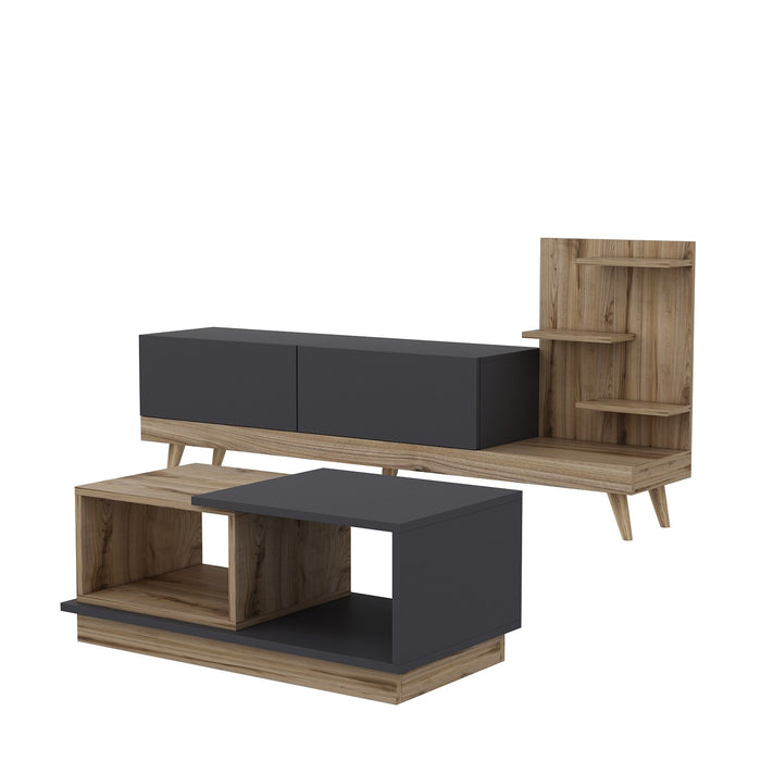 Set Mobila Living Asi Home Dizayn, 2 Piese, Comoda TV 180cm x 82cm x 48,6cm, Masuta Cafea 90cm x 36cm x 45cm, Antracit/Nuc