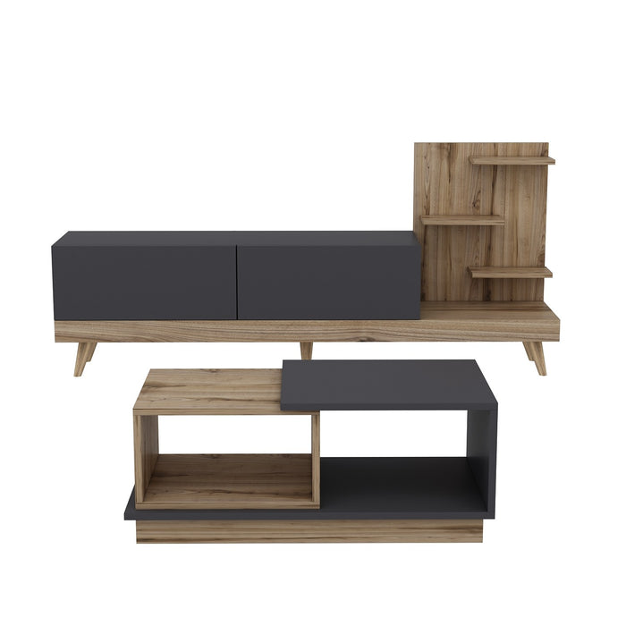 Set Mobila Living Asi Home Dizayn, 2 Piese, Comoda TV 180cm x 82cm x 48,6cm, Masuta Cafea 90cm x 36cm x 45cm, Antracit/Nuc