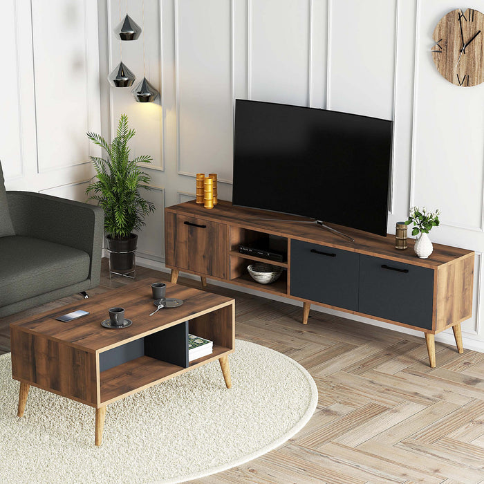 Set Mobila Living Asi Home Set, 2 Piese, Comoda TV 180cm x 53cm x 35cm, Masuta Cafea 90cm x 54cm x 41,6cm, Nuc/Antracit