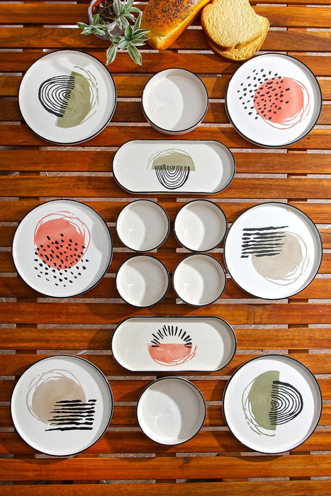 Set de Mic Dejun (14 Piese) Alb-Verde-Negru-Maro, 100% Ceramica, Postmodern 14