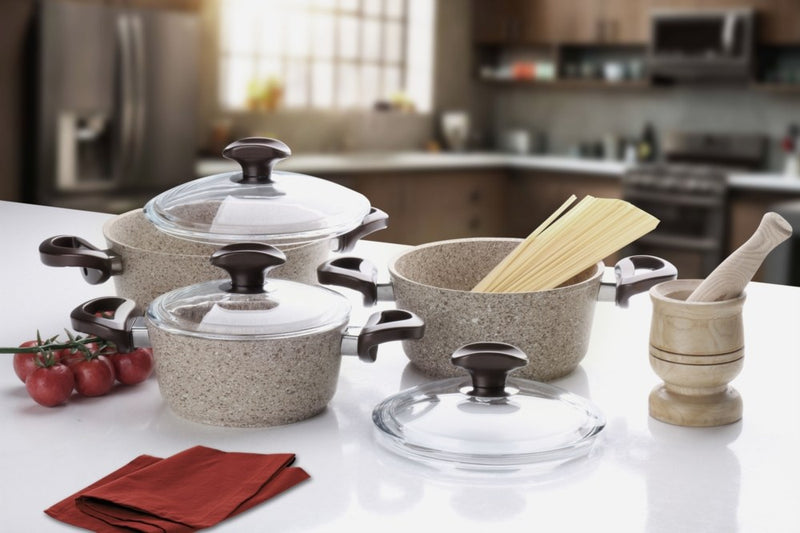Set 3 Oale cu Capace, Granit, Asi Home Cream – 100% Aluminiu, Crem, 16/18/20 cm
