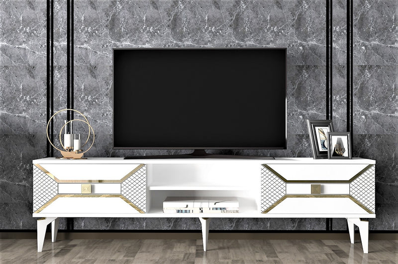 Comoda TV Asi Home Yumedi, 150 cm x 50 cm x 30 cm, Alb, Auriu