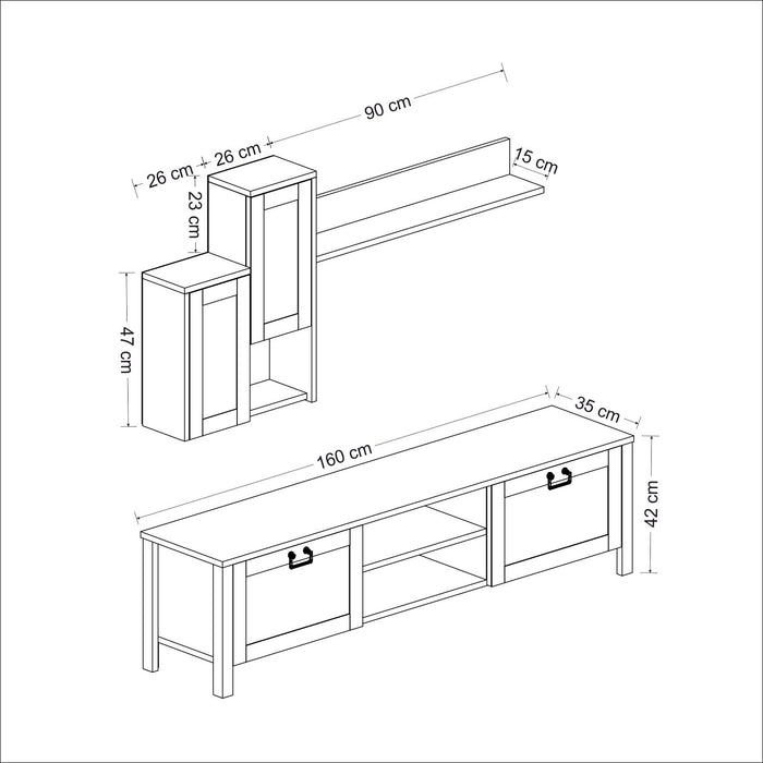 Comoda TV Asi Home Sento, 160 cm,  142 cm x 42 cm,  70 cm x 35 cm,  15 cm, Alb,
Stejar