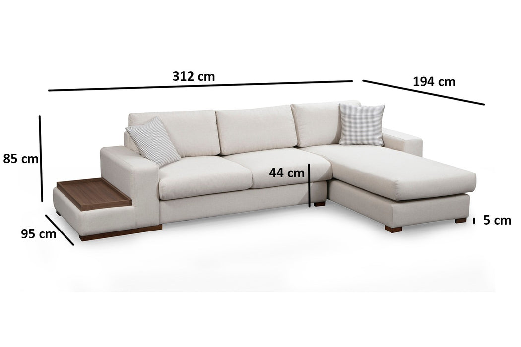 Coltar cu Sezlong Dreapta si Masuta Laterala Asi Home Loop 19, Bej, 312  x 194  | 40 X85  | 29 X95  | 89 cm