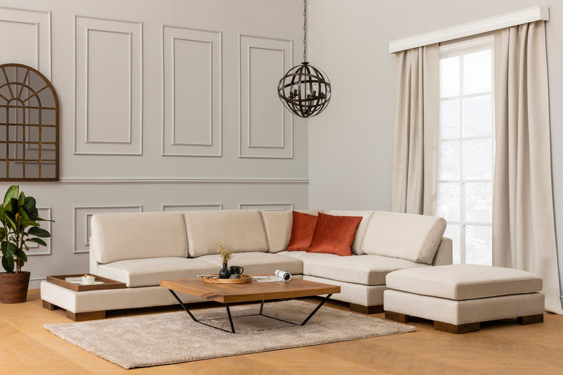 Coltar Asi Home Tulip Dreapta cu Masuta Laterala si Pouf - Bej, 313  x 193  | 81 X80  | 40 X97  | 96 cm