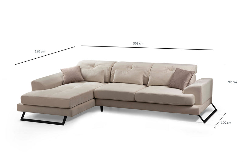 Coltar cu Sezlong Stanga, Asi Home Frido, Chl+3R, Ecru, 190  x 308 X92X100cm
