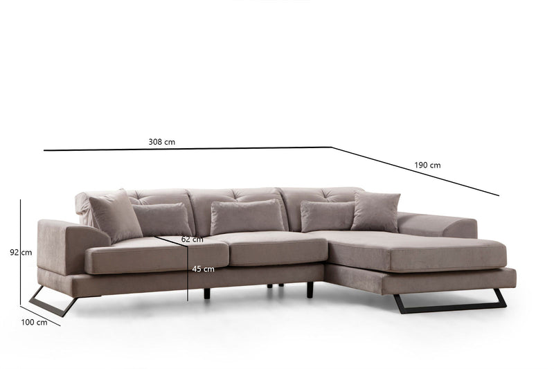Coltar cu Sezlong Dreapta Asi Home Frido, L3+Chl, Light Grey, 308  x 190 X92X100cm