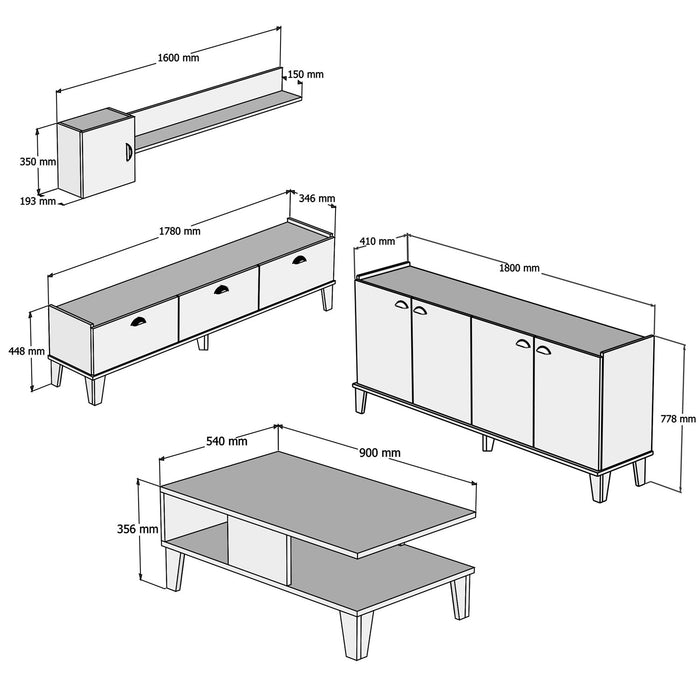 Set Mobila Sufragerie / Living Asi Home Sumer 3, Stejar/
Alb, 178x45x35/160x35x19/180x78x41/90x35x54cm