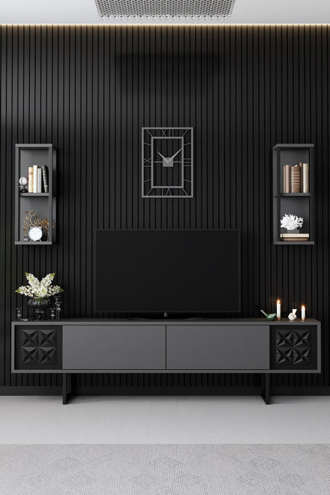 Set Mobila Living Asi Home Black Line Set, Comoda TV 180cmx48cmx30cm, Rafturi de Perete 22cmx60cmx21cm, Masuta Cafea 80cmx40cmx80 cm, Antracit/Negru