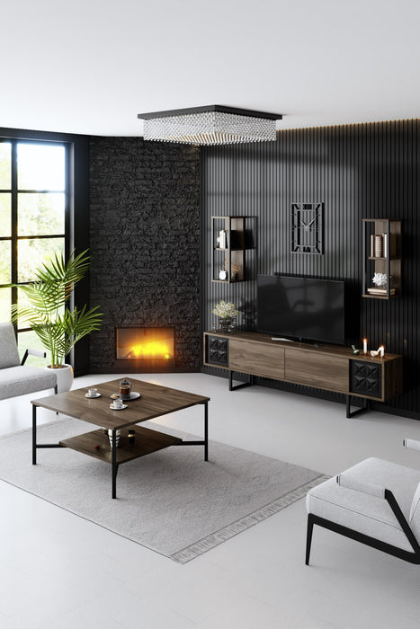 Set Mobila Sufragerie / Living Asi Home Black Line Set - Walnut, Black, Nuc/
Negru, 180x48x30/22x60x21/80x40x80cm