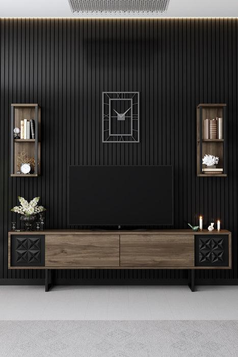 Set Mobila Living Asi Home Black Line Set, Comoda TV 180cmx48cmx30cm, Rafturi de Perete 22cmx60cmx21cm, Masuta Cafea 80cmx40cmx80 cm, Nuc/Negru