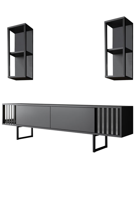 Set Mobila Living Asi Home Chrome Line Set, Comoda TV 180cmx48cmx30cm, Rafturi de Perete 22cmx60cmx21cm, Masuta Cafea 80cmx40cmx80 cm, Antracit/Negru