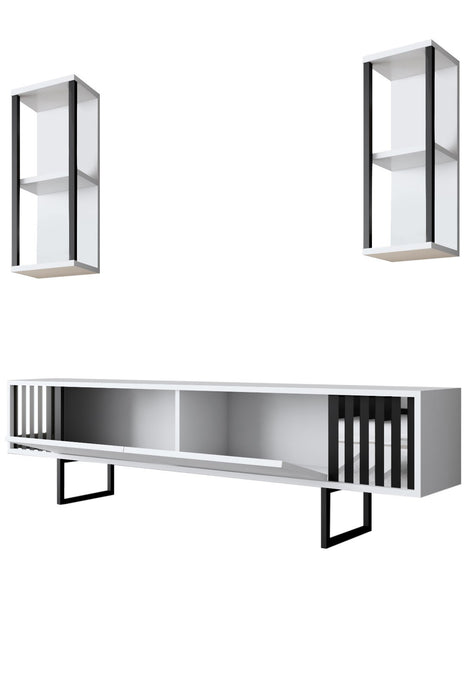 Set Mobila Living Asi Home Chrome Line Set, Comoda TV 180cmx48cmx30cm, Rafturi de Perete 22cmx60cmx21cm, Masuta Cafea 80cmx40cmx80 cm, Alb/Negru