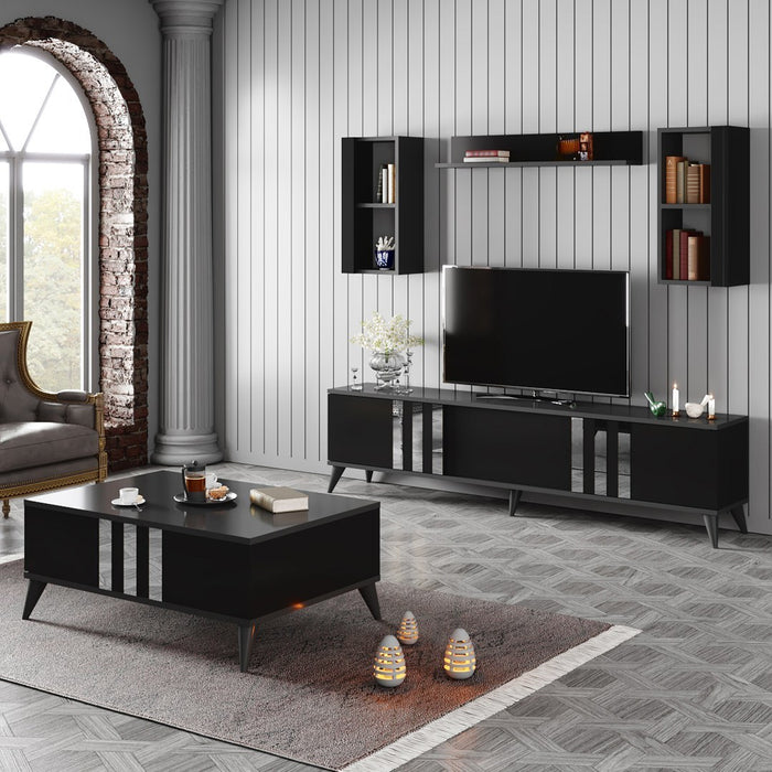 Set Mobila Living Asi Home Chrome, 2 Piese, Comoda TV 180cm x 47cm x 30cm, Masuta Cafea 90cm x 40cm x 39cm, Antracit/Negru