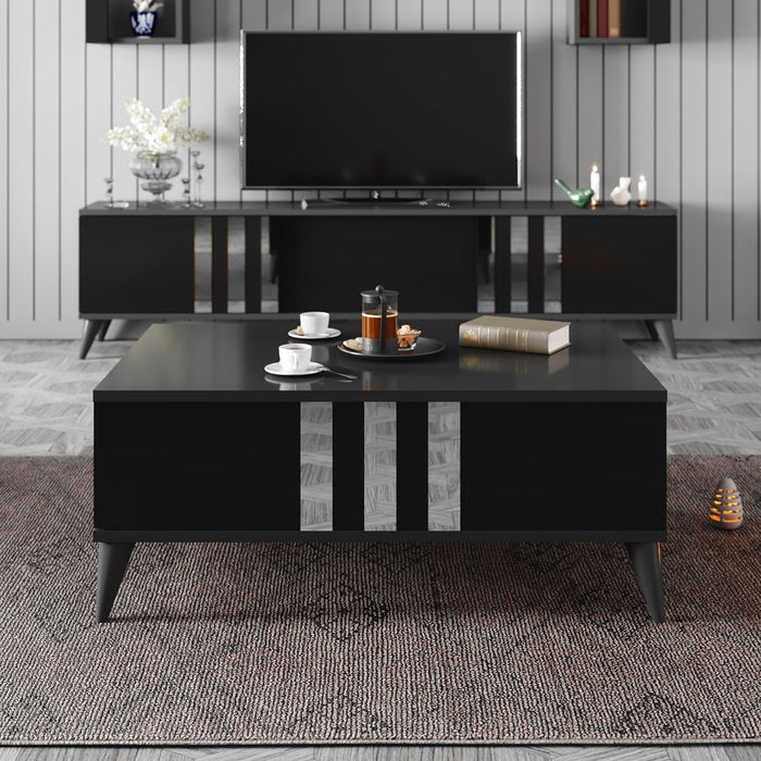 Set Mobila Living Asi Home Chrome, 2 Piese, Comoda TV 180cm x 47cm x 30cm, Masuta Cafea 90cm x 40cm x 39cm, Antracit/Negru