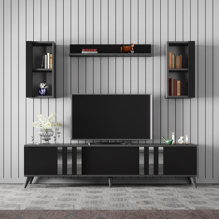 Set Mobila Living Asi Home Chrome, 2 Piese, Comoda TV 180cm x 47cm x 30cm, Masuta Cafea 90cm x 40cm x 39cm, Antracit/Negru