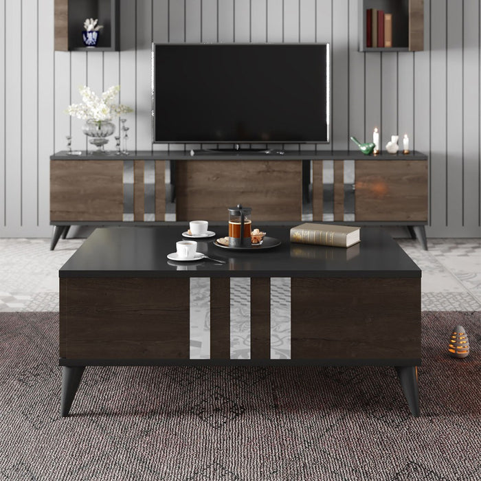 Set Mobila Living Asi Home Chrome, 2 Piese, Comoda TV 180cm x 47cm x 30cm, Masuta Cafea 90cm x 40cm x 39cm, Antracit/Nuc