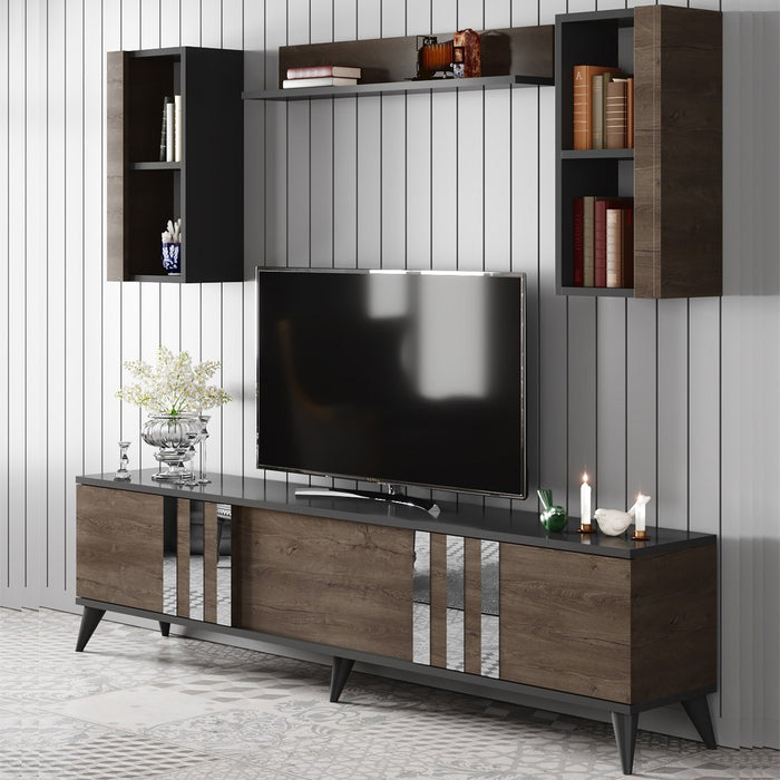 Set Mobila Living Asi Home Chrome, 2 Piese, Comoda TV 180cm x 47cm x 30cm, Masuta Cafea 90cm x 40cm x 39cm, Antracit/Nuc