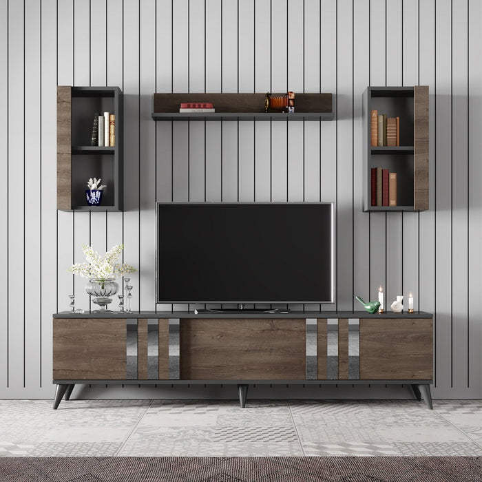 Set Mobila Living Asi Home Chrome, 2 Piese, Comoda TV 180cm x 47cm x 30cm, Masuta Cafea 90cm x 40cm x 39cm, Antracit/Nuc