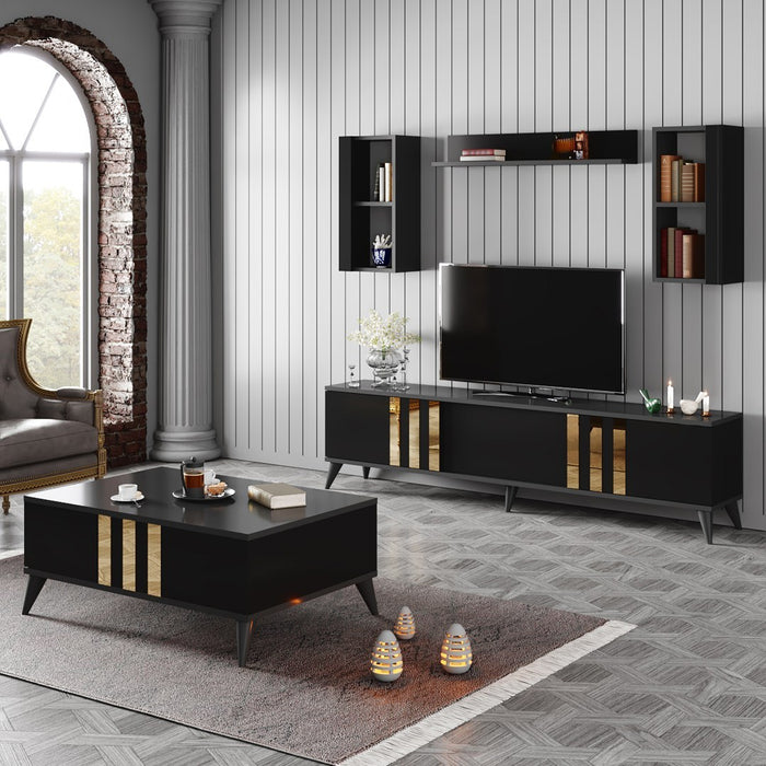 Set Mobila Living Asi Home Gold, 2 Piese, Comoda TV 180cm x 47cm x 30cm, Masuta Cafea 90cm x 40cm x 39cm, Antracit/Negru