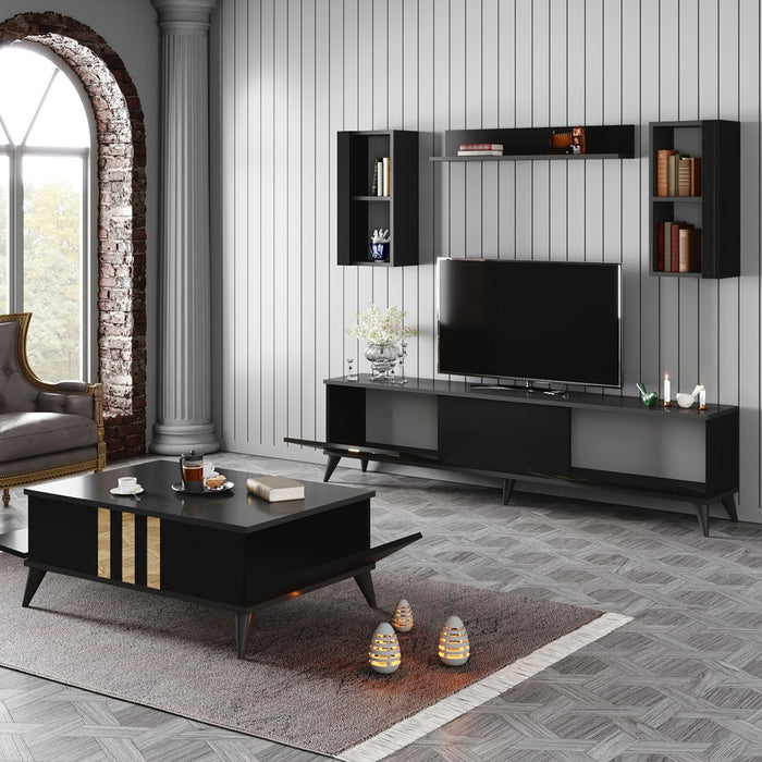 Set Mobila Living Asi Home Gold, 2 Piese, Comoda TV 180cm x 47cm x 30cm, Masuta Cafea 90cm x 40cm x 39cm, Antracit/Negru