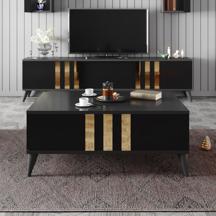 Set Mobila Living Asi Home Gold, 2 Piese, Comoda TV 180cm x 47cm x 30cm, Masuta Cafea 90cm x 40cm x 39cm, Antracit/Negru