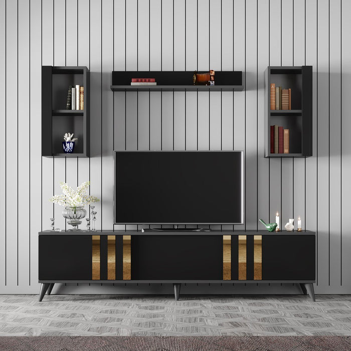 Set Mobila Living Asi Home Gold, 2 Piese, Comoda TV 180cm x 47cm x 30cm, Masuta Cafea 90cm x 40cm x 39cm, Antracit/Negru