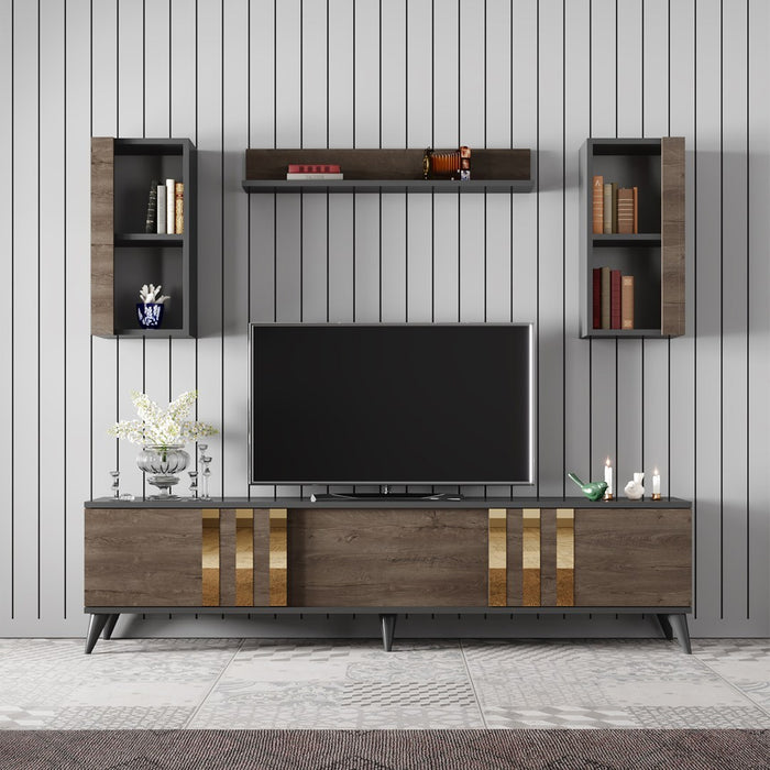 MobilaSet Living Asi Home Gold, 2 Piese, Comoda TV 180cm x 47cm x 30cm, Masuta Cafea 90cm x 40cm x 39cm, Antracit/Nuc