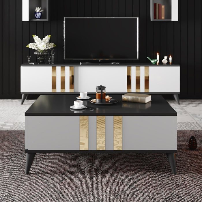 Set Mobila Living Asi Home Gold, 2 Piese, Comoda TV 180cm x 47cm x 30cm, Masuta Cafea 90cm x 40cm x 39cm, Antracit/Alb