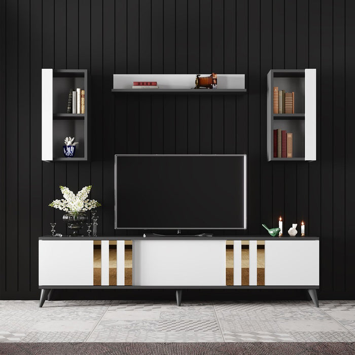 Set Mobila Living Asi Home Gold, 2 Piese, Comoda TV 180cm x 47cm x 30cm, Masuta Cafea 90cm x 40cm x 39cm, Antracit/Alb