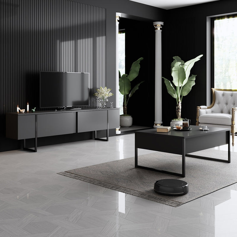 Set Mobila Living Asi Home Luxe, 2 Piese, Comoda TV 180cm x 50cm x 30cm, Masuta Cafea 90cm x 40cm x 60cm, Antracit/Negru