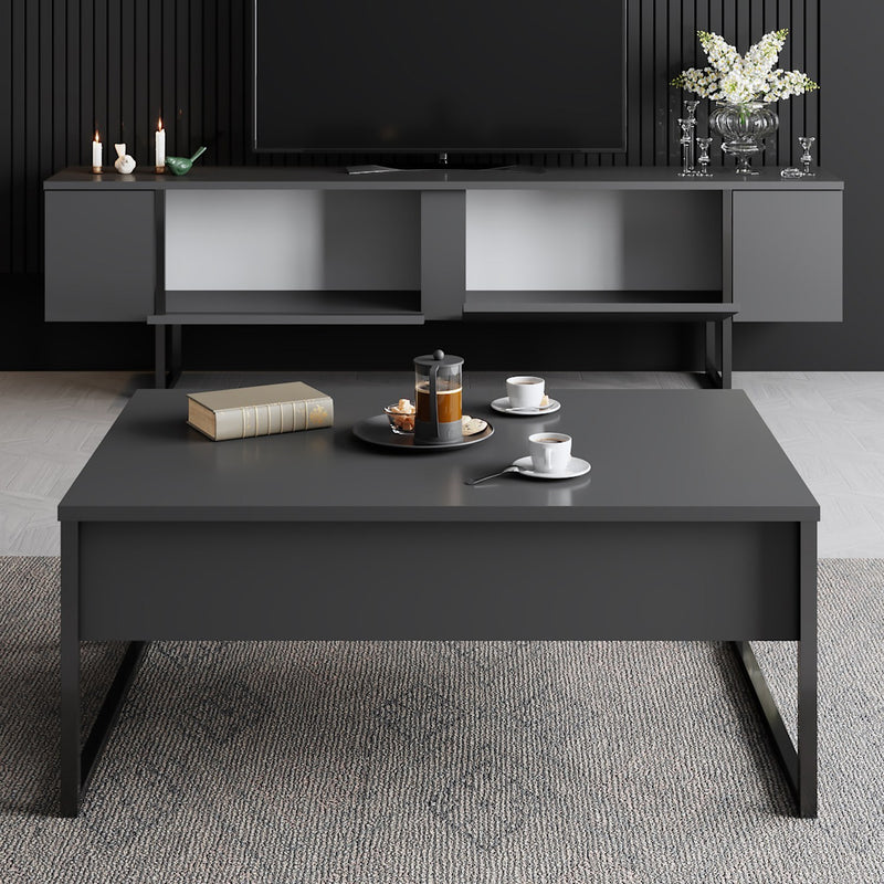 Set Mobila Living Asi Home Luxe, 2 Piese, Comoda TV 180cm x 50cm x 30cm, Masuta Cafea 90cm x 40cm x 60cm, Antracit/Negru